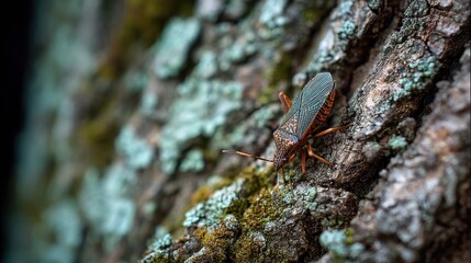 Insect Crawling on Rough Tree Bark