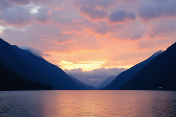 sunset over a lake with mountains in the background