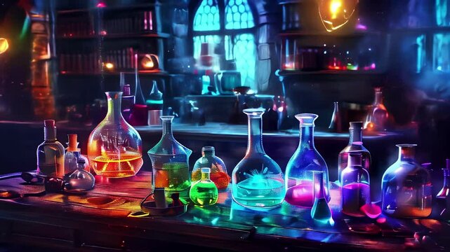 Colorful potion bottles on wooden table in alchemist's laboratory  
