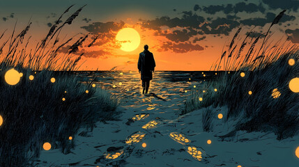 Solitary figure walking along a beach at sunset.
