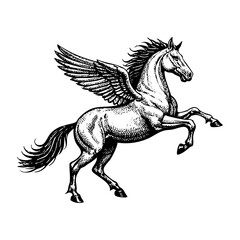 Pegasus sketch engraving black and white outline. Scratch board imitation.  illustrated in vintage line art style on a white background.