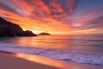 sunset over the ocean with a beach in the foreground