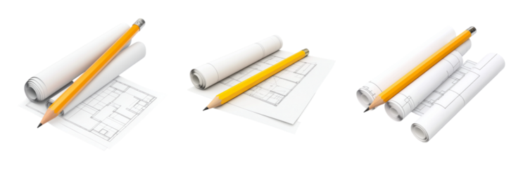 Blueprint and Pencil Composition on Isolated Transparent Background
