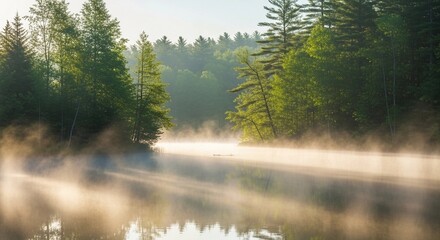 Mist rising from tranquil forest lake at dawn
