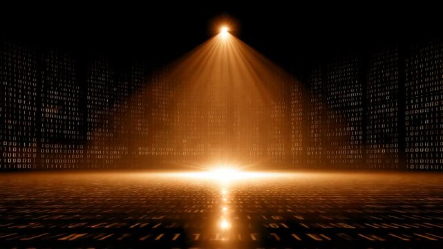 futuristic technology theme stage background, glowing orange light spotlight in the middle of room with binary number on walls