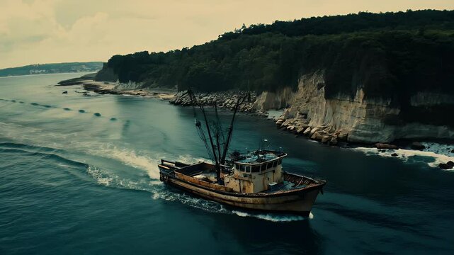 Rusty fishing trawler sails near coast