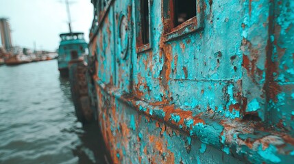 Close-up of damaged navy ship hull with peeling paint and rust streaks, showing wear and tear of maritime vessel, military equipment deterioration and aging fleet concept.