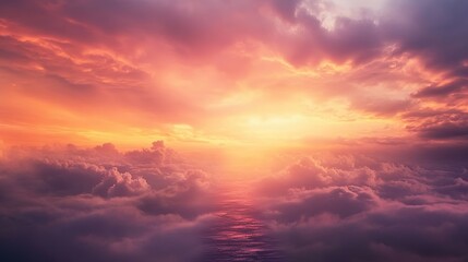 Fototapeta premium Ethereal Sunset Path Amidst Misty Clouds. Tranquil and Dreamlike Sky Background.