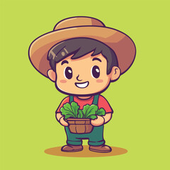 Cheerful Cartoon Boy Farmer Holding Basket of Greens