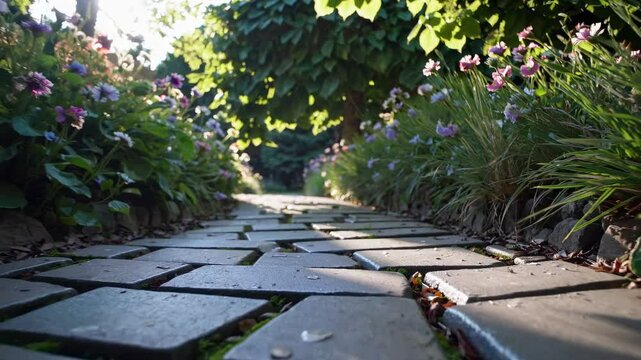 Low-angle video frame of a sunlit garden path with stone tiles, surrounded by lush greenery and flowers, creating a serene, immersive atmosphere.
