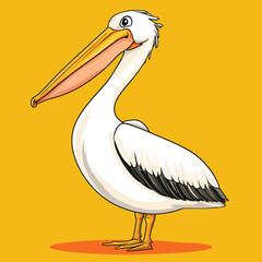 Cartoon Pelican with a Long Beak Standing in Profile View