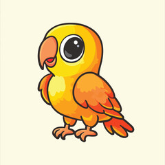 Cartoon Yellow Parrot with Orange Accents and Large Eyes Standing Alert