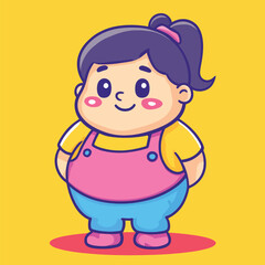 Cartoonish Chubby Child with Ponytail and Overalls Smiling Cheerfully