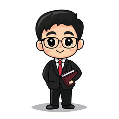 Charming Cartoon Businessman Holding Book Wearing Glasses and Red Tie