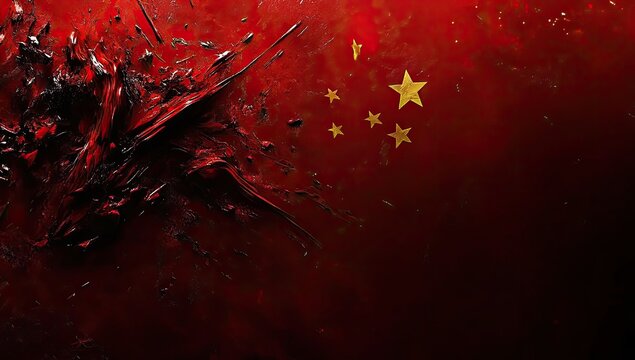 Red and black paint splatter explosion against a Chinese flag backdrop