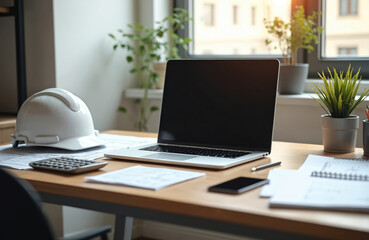 Fototapeta premium Engineer workspace with laptop, safety helmet. Engineering design, construction project on architect desk. Modern workplace, industry, business concept, technology innovation. Office, creative space