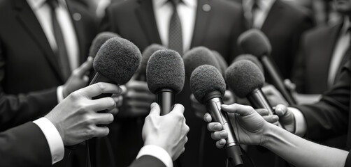 Close-up shot of journalists with microphones at press conference. Business or political meeting with media coverage. Public relations PR and media relations concept in business and politics.