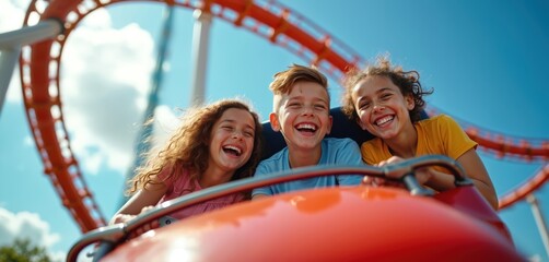 Happy kids ride roller coaster at amusement park. Joyful faces, big smiles against blue sky. Fun vacation concept. Thrill, adventure, excitement on summer holiday. Entertainment, family fun at theme