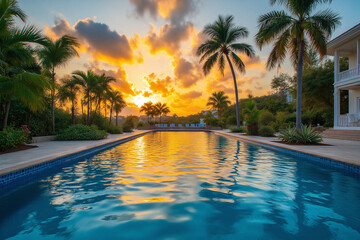 swimming pool with the sun setting in the background