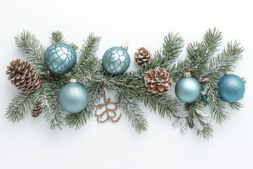 Christmas sprigs with teal ornaments and pine cones