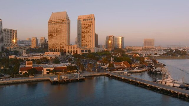 San Diego Harbor and Downtown Cityscape Aerials at Sunset