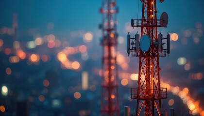Telecommunication tower at dusk against blurred city lights. Wireless tech infrastructure for mobile communication, 5G network expansion, investment opportunity, capital growth, digital