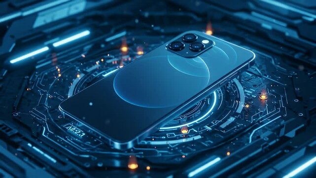 Ultra Wide Screen Blue Smartphone on Futuristic Circuit Board Technology Background