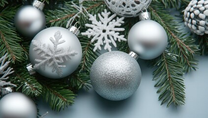 Silver Christmas ornaments on a light blue background with evergreen boughs