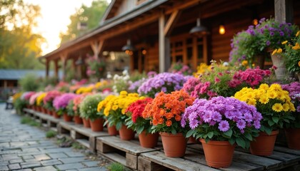 Flower market display in evening light. Variety of vibrant flowers, potted plants, arranged on wooden pallets. Rustic charm of shop, beauty of nature, perfect for gardening, decoration shop promotion.