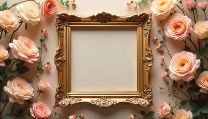 Gold frame with roses. Elegant art display with floral decoration. Perfect for wedding decor, invitation design, celebration, anniversary greeting card. Romantic, vintage, stylish empty space for