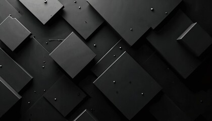 Abstract black geometric background features varied shapes textures creating modern design. Squares, 3d cubes, minimalistic digital art. Sophisticated dark background design with contrast.