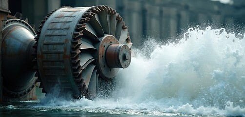 Hydroelectric turbine generates clean energy. Water splashes, energy industry generates electrical power. Green eco-friendly approach. Sustainable power, renewable resources. Hydroelectric plant