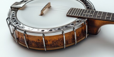 Five string banjo resting on white background in close up view