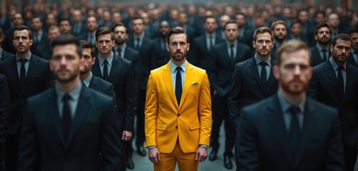 Unique businessman in yellow suit stands out. Group men wear black suits, represent uniformity. Concept business leadership, individuality, innovation, success, vision. Corporate world, business