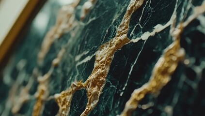 Close-up of a decorative, textured, dark green marble panel with gold accents