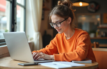 Young woman copywriter working on laptop in cafe. Smiling attractive female wearing eyeglasses types on computer. Creative job, modern workplace, freelance. Content creation, digital marketing, web