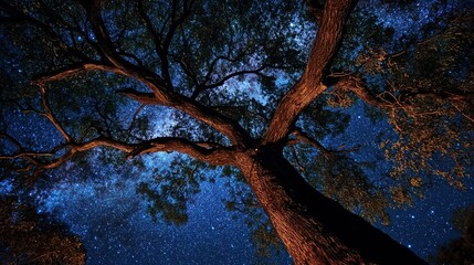 Fototapeta premium Large Tree with Long Branches Under a Starry Night Sky. Serene and Mystical Natural Scene.