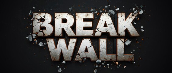 Cracked wall breakage with a grunge-style 3D vector text effect.
