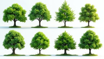 Fototapeta premium Set of green trees isolated on white background. Variety of leafy trees. Perfect for eco projects, design projects. Illustrations suitable for forest environment, nature themes, eco concepts, graphic