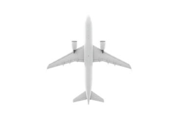 A sleek white airplane viewed from a top-down perspective, featuring clean lines and a minimalist modern design, perfect for travel and aviation concepts, isolated on a transparent background