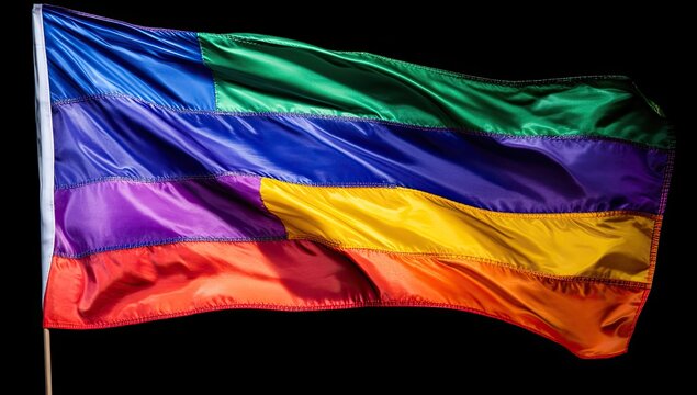 Multi-colored pride flag billowing in the dark