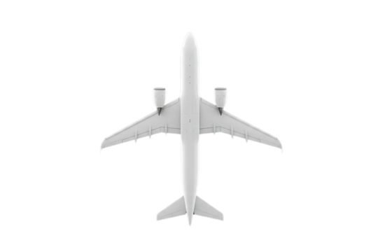 A sleek white airplane viewed from a top-down perspective, featuring clean lines and a minimalist modern design, perfect for travel and aviation concepts, isolated on a transparent background