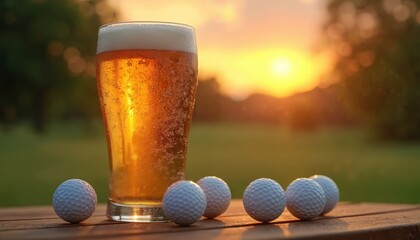 Refreshing cold beer glass next to golf balls at sunset. Drink with foam, bubbles on wooden table during golden hour. Golf leisure, recreation, enjoyment, relaxation. Perfect for bar menu, sport club