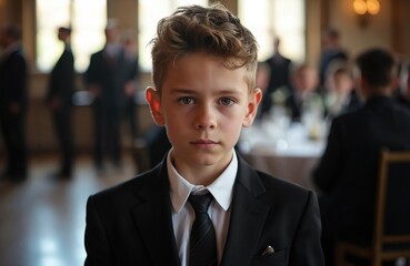 Portrait of young boy in black suit celebrates Bar Mitzvah. The boy looks serious, stands in front of guests. Jewish religious tradition, coming of age ritual.