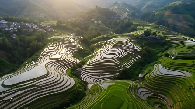 Capture drone footage over rice terraces in a mountainous rural area. Highlight the vivid green fields, curving patterns, and farmers working below. Fly along the curves of the terraces at low altitud