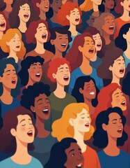 Illustration diverse group people singing joyfully. Multiracial choir sings in harmony expressing happiness, togetherness, positive emotions, friendship. Celebration of community, music performance,