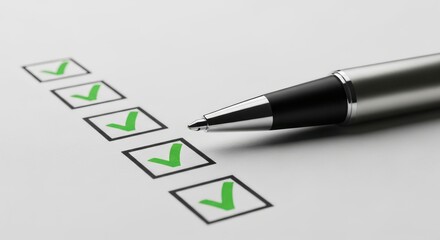 Checklist with green checkmarks and pen symbolizing completion and success