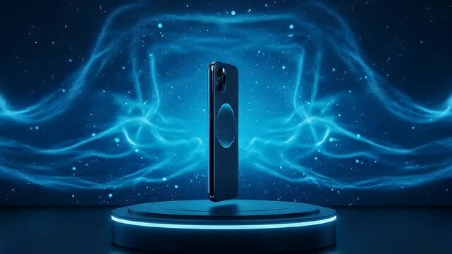 Ultra Wide Screen Digital Phone Display with Blue Energy Waves and Futuristic Elements