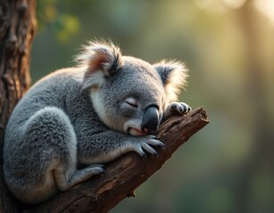 Naklejka premium Koala bear sleeping peacefully branch. Cuddly marsupial animal resting on tree branch. Tranquil scene, soft fur, adorable creature in natural environment. Australia wildlife photo for nature eco