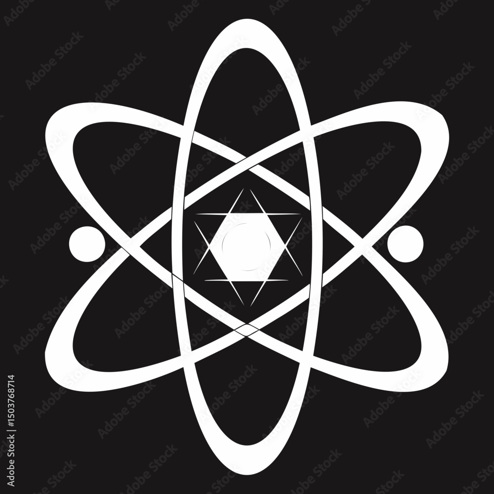 Poster white atom symbol with orbiting electrons and a hexagonal core on a black background design element